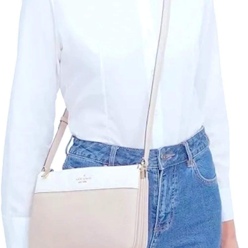 Kate Spade Crossbody Leather Purse Beige Tan Cream Leila triple gusset handbag